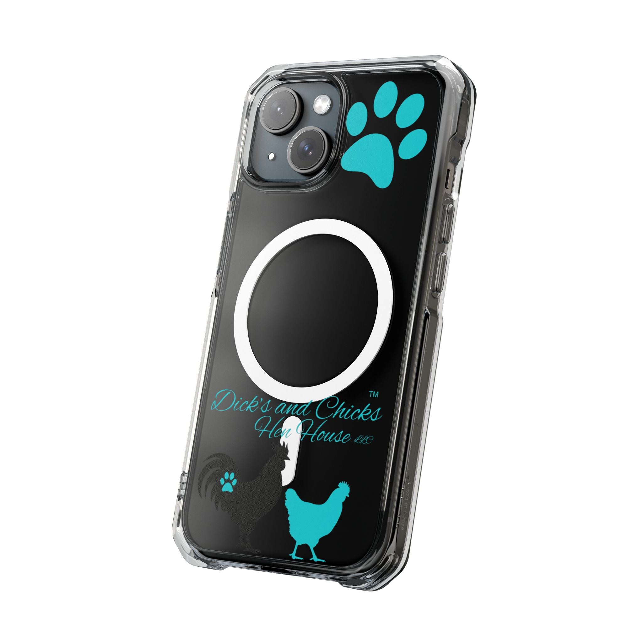 Clear Magnetic Phone Case — "Dicks and Chicks Hen House" Poultry & Pet Paw Design