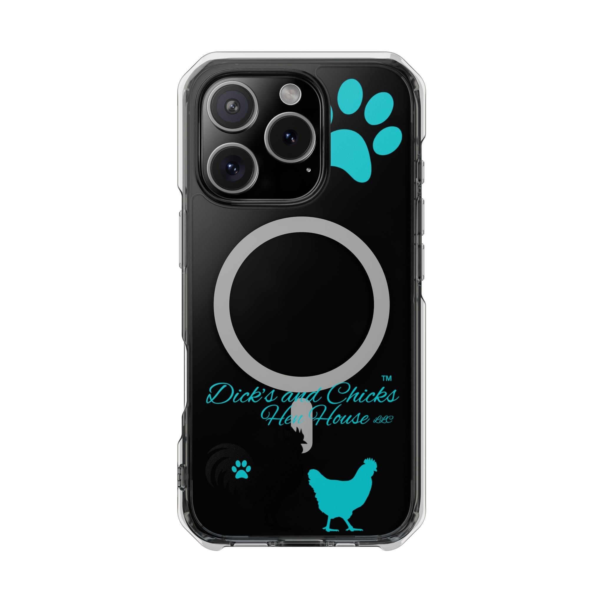 Clear Magnetic Phone Case — "Dicks and Chicks Hen House" Poultry & Pet Paw Design