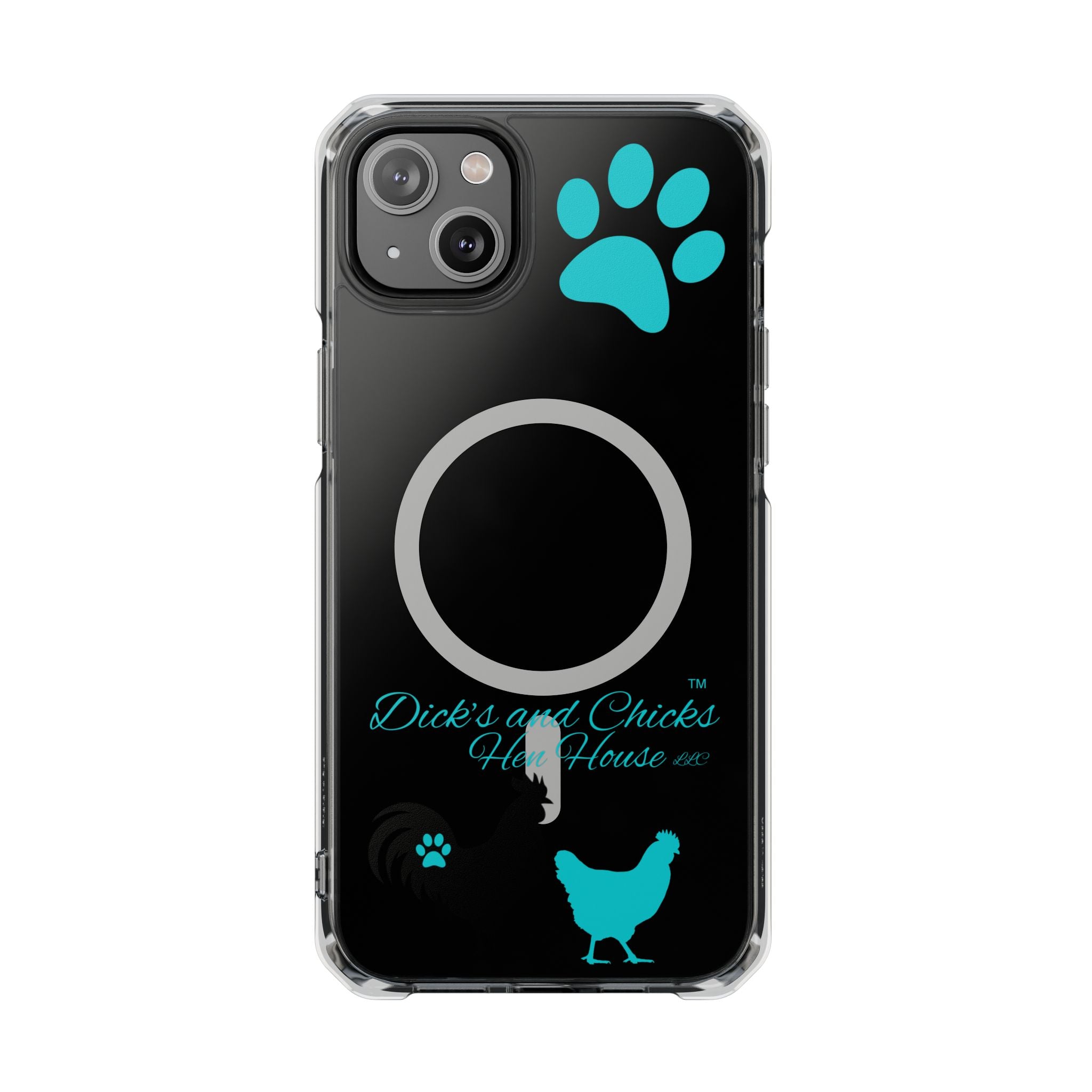 Clear Magnetic Phone Case — "Dicks and Chicks Hen House" Poultry & Pet Paw Design