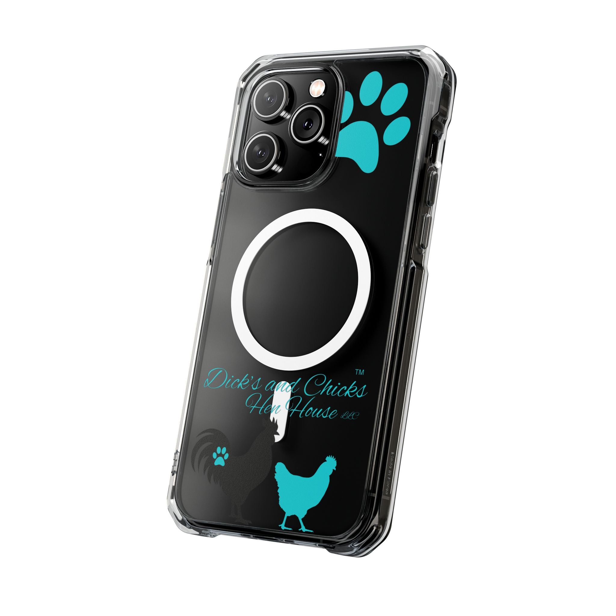 Clear Magnetic Phone Case — "Dicks and Chicks Hen House" Poultry & Pet Paw Design